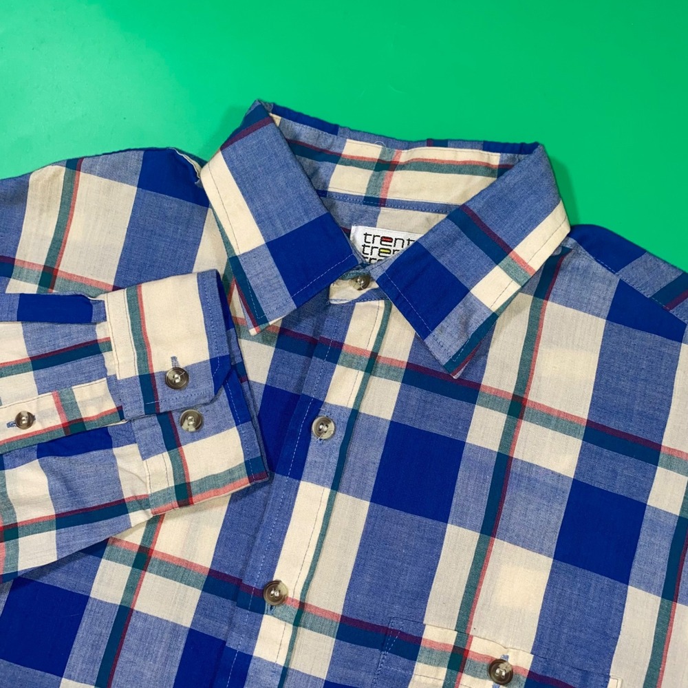 Trent Sport‎ Plaid Button Up Shirt Mens Medium Blue Checkered Casual